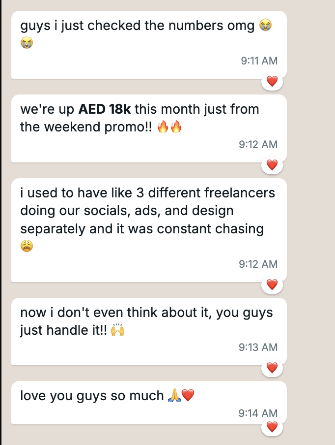 Client message: up AED 18k this month from the weekend promo