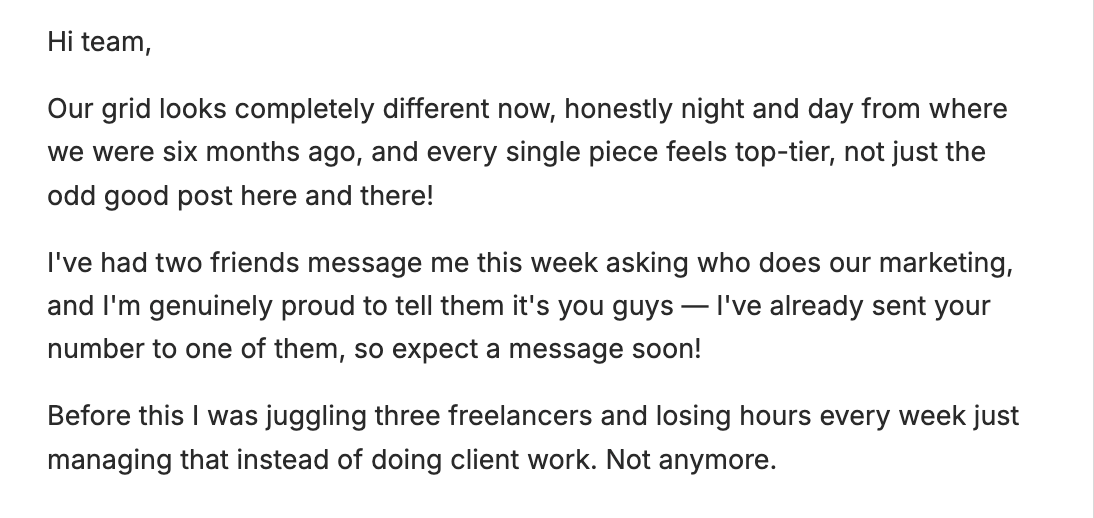 Client email: our grid looks completely different now, every piece feels top-tier